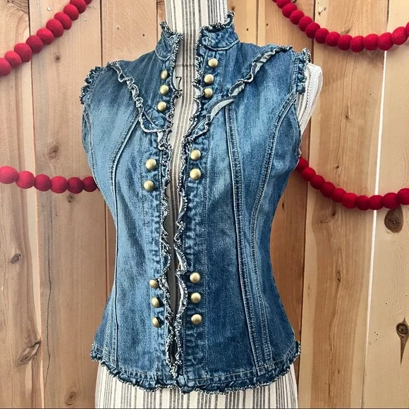 Vintage Star Jeans Vest w/ Ruffled Trim Sz. M - Picture 2 of 7